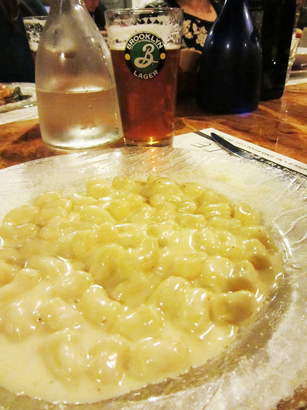 A dinner of Gnocchi and Brooklyn Lager at Pizzeria Il Birbante, aka heaven.